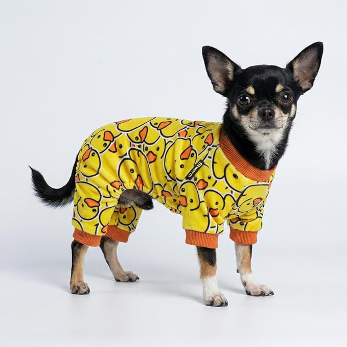 Fitwarm Funny Duck Dog Pajamas, Dog Winter Clothes for Small Dogs Girl, Lightweight Velvet Pet Jumpsuit, Cat Onesie, Yellow, Medium