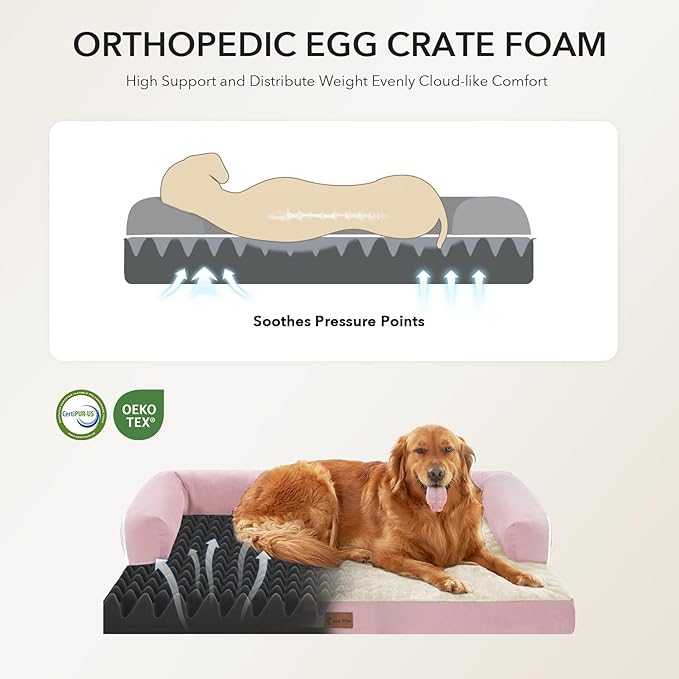 Orthopedic Dog Beds for Large Sized Dogs, Waterproof Egg Crate Foam Medium Dog Couch Beds for Crate 35x22Inch, Washable Pet Beds with Removable Cover and Nonskid Bottom, Pink