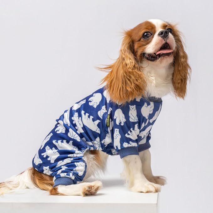 Fitwarm Polar Bear Dog Pajamas, Dog Clothes for Small Dogs Girl Boy, Pet Onesie with Feet, Cat Outfit, Lightweight Velvet, Royal Blue, White, Large