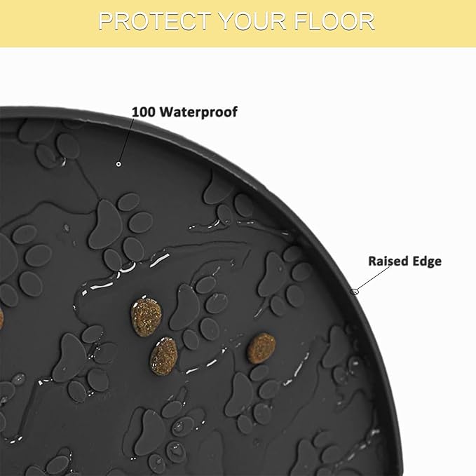 Dog Food Mat - Waterproof Cat Bowl Mat, Silicone Pet Food Mat with Edges, Nonslip Dog Feeding Mat for Protecting Floors (Grey+Black)