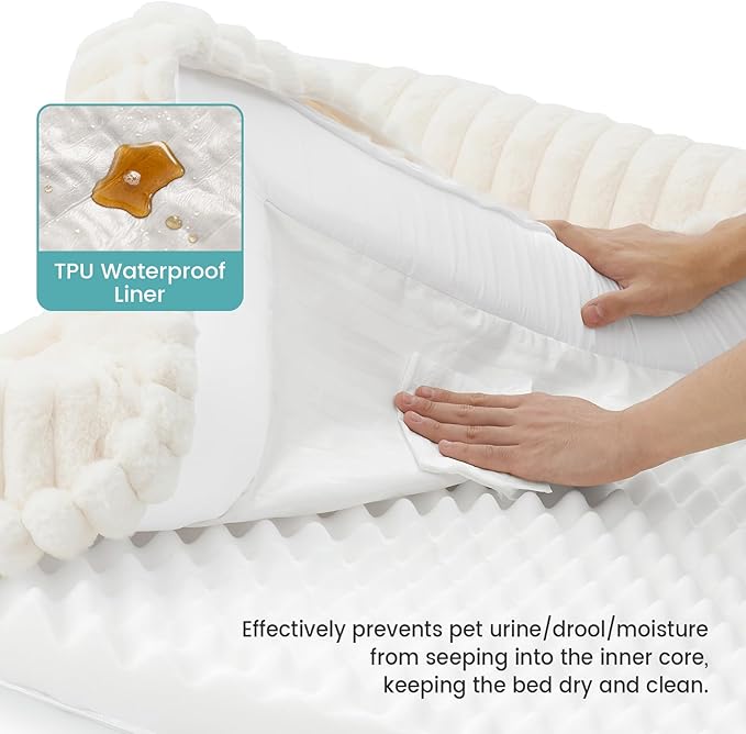 Cute Dog Bed for Large Dogs, Faux Rabbit Fur Orthopedic Foam Dog Bed with Sides, Removable Washable Cover & Waterproof Lining, Comfortable Pet Couch, Cream (44" L x 32" W x 7" Th)