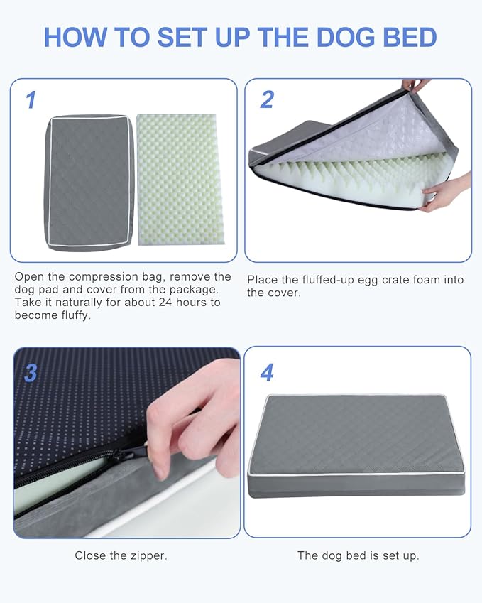 KSIIA XL Dog Bed for Crate Pad Waterproof Dog Bed with Removable Washable Cover, Egg Crate Foam and Non-Slip Bottom, 41x27 Inch, Dark Gray
