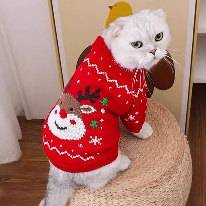 Christmas Dog Outfit Red Puppy Sweater for Small Dogs Girl Boy Elk Snowflake Cat Knitwear Reindeer Knitted Pet Clothes Santa Deer Costume for Chihuahua Yorkie Poodle (Red-2, Large)