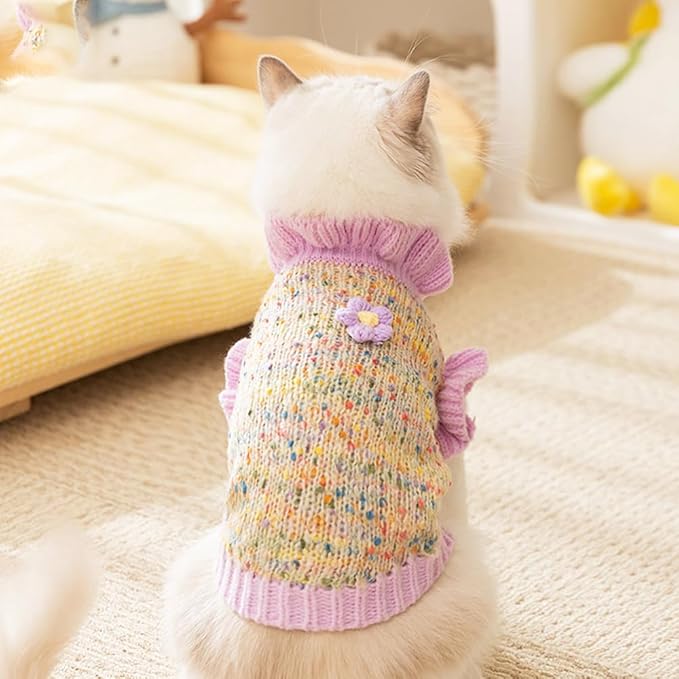 Purple Small Dog Sweater, Knitted Cat Sweater, Holiday Puppy Clothes for Little Dog Girl, Cold Weather Outfit for Kitten Chihuahua Yorkie Teacup Dachshund Pug (Purple, Large)