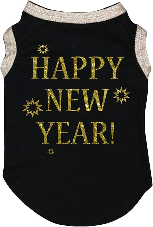 Petitebella Bling Happy New Year Puppy Dog Shirt (Black/Gold, X-Large)