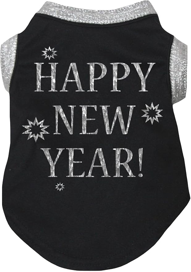 Petitebella Bling Happy New Year Puppy Dog Shirt (Black/Sliver, Small)