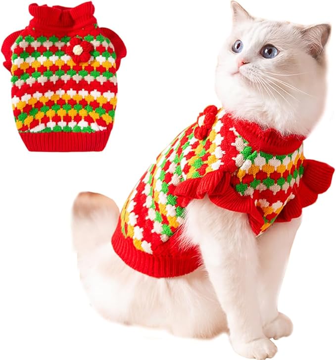 Small Dog Sweater, Knitted Tulip Cat Sweater, Warm Thick Holiday Puppy Clothes for Dogs Girl,Cold Weather Outfit for Kitten Chihuahua Yorkie Teacup Dachshund Pug (Red, Small)