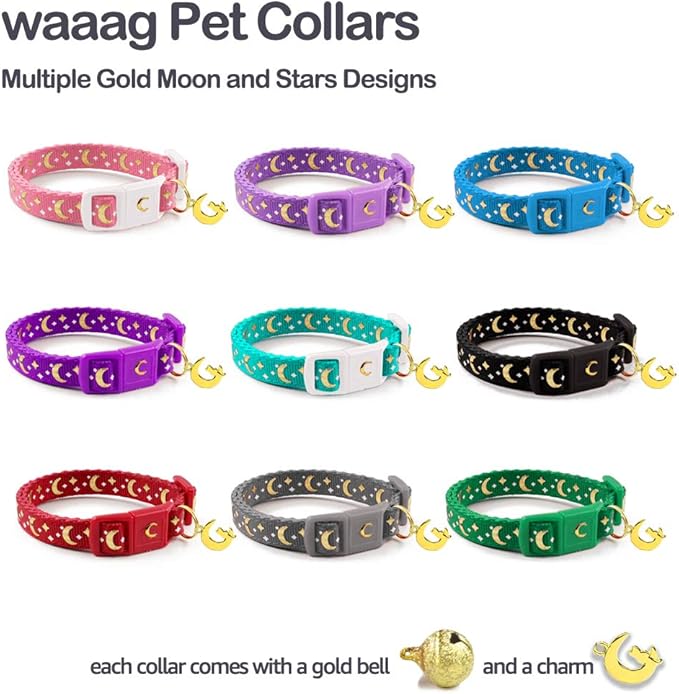 WAAAG Cat Collars, Gold Moons and Stars Cat Collar, Safety Breakaway Cat Collar, Glow in The Dark (Standard 9"-15" Neck, Coral Pink)