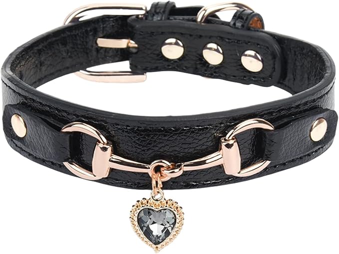 THAIN Fashion Dog Collar with Bling Diamonds & Heart Charm – 5 Holes Adjustable PU Leather Rhinestones Necklace Collar, Gold Buckle for Small Dogs Girl boy (Black, XS)