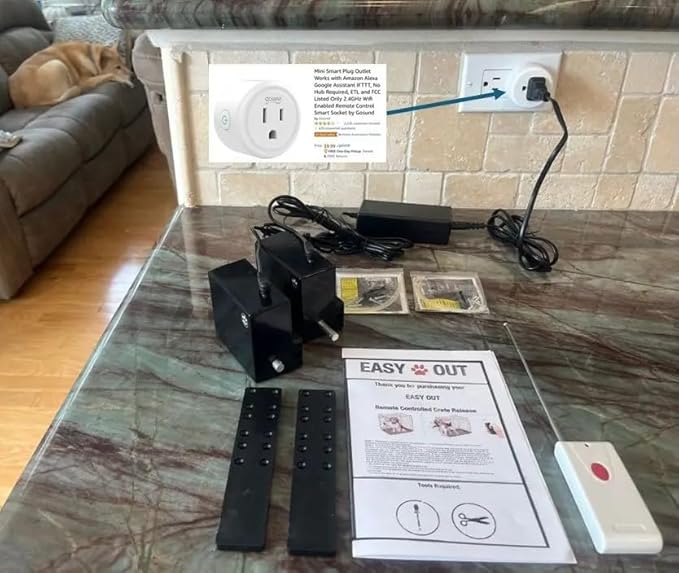 Easy Out Automated Pet Crate Opener for Single or Double Latch Crates, Activated by Remote Control or Wi-Fi Smart Plug, Model EOD2