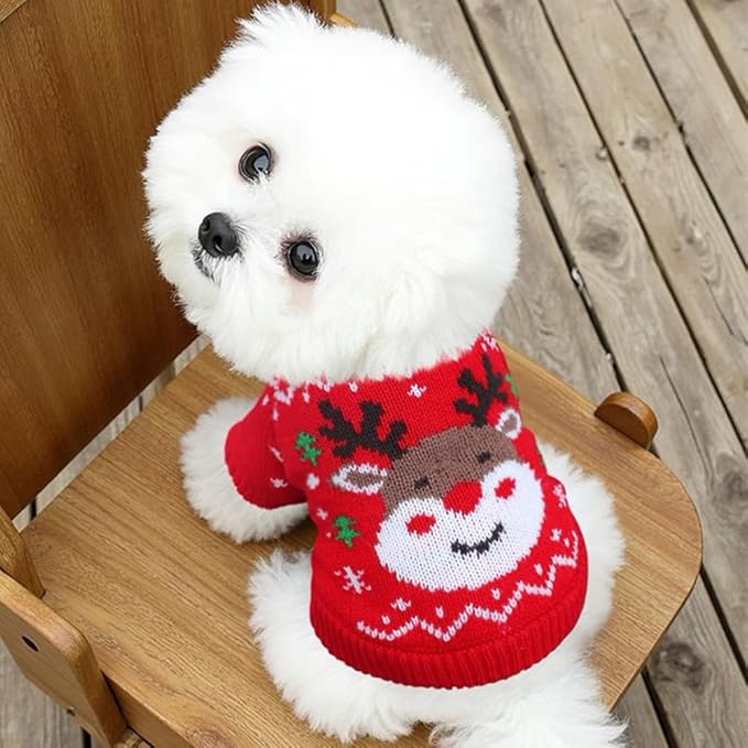Christmas Dog Outfit Red Puppy Sweater for Small Dogs Girl Boy Elk Snowflake Cat Knitwear Reindeer Knitted Pet Clothes Santa Deer Costume for Chihuahua Yorkie Poodle (Red-2, Medium)