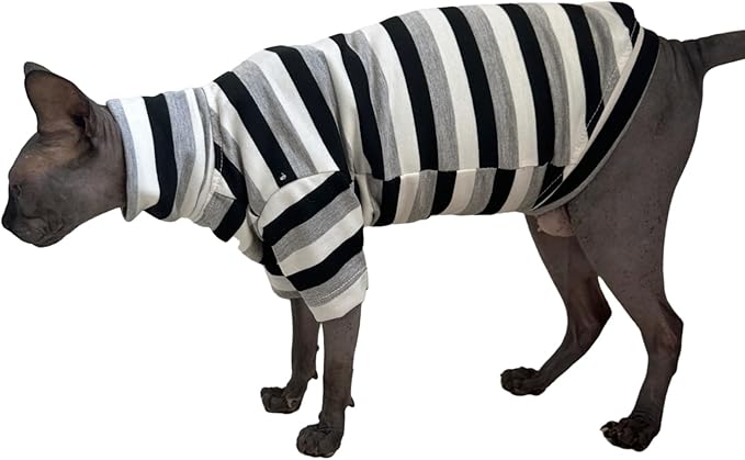 Vintage Stripes Sphynx Hairless Cats Shirt Cotton Cat Turtleneck Pet Clothes Kitten T-Shirts with Sleeves for Sphynx Cats (Black Grey White, X-Large)