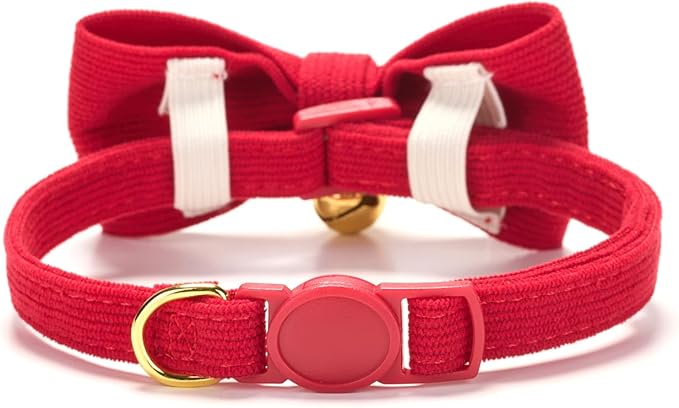 Soft Corduroy Cat Collar with Bell and Bowtie, Safety Breakaway Clasp, Adjustable for Kitten and Cats Red Color.