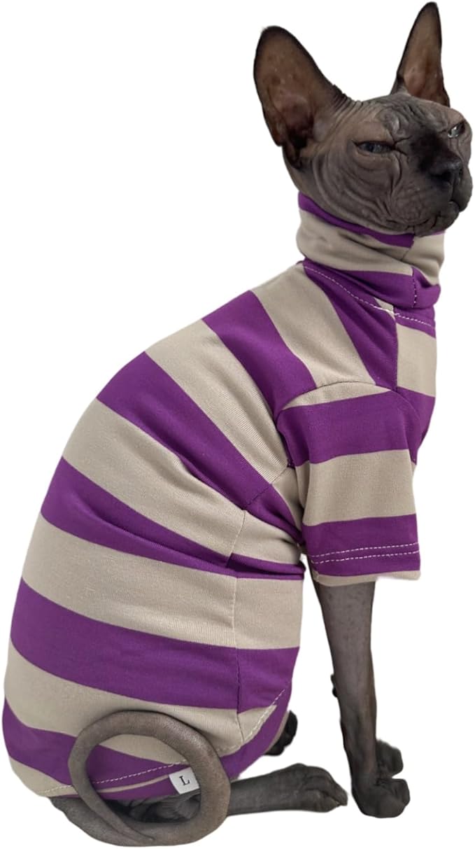 Vintage Stripes Sphynx Hairless Cats Shirt Cotton Cat Turtleneck Pet Clothes Kitten T-Shirts with Sleeves for Sphynx Cats (Wide Purple Grey Stripe, X-Large)