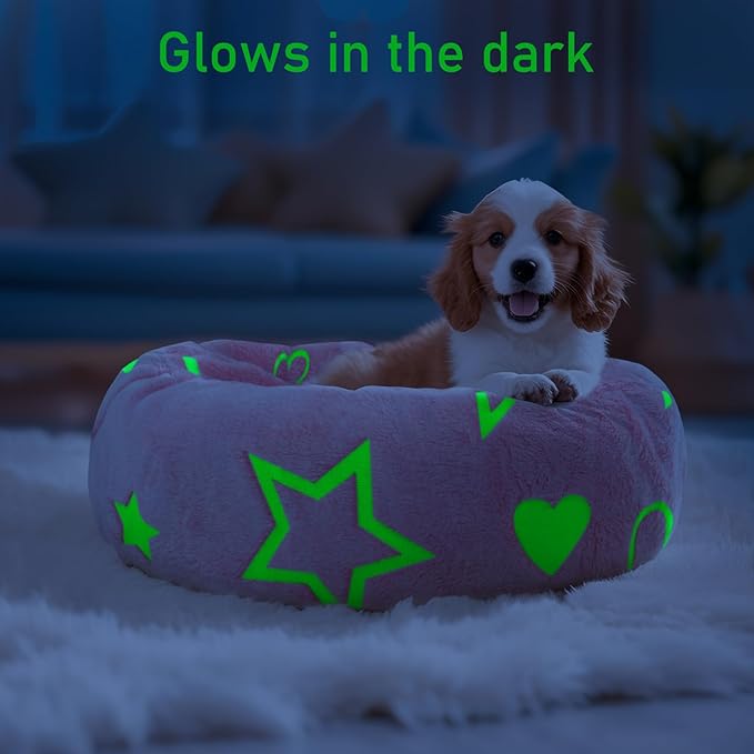 Round Replacement Dog Bed Cover - Elastic Edged Washable Protector with Glow in The Dark Heart Pattern for Small & Medium Beds, Cover Only, 20"x9.8"
