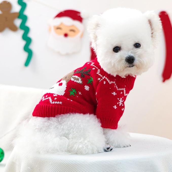 Christmas Dog Outfit Red Puppy Sweater for Small Dogs Girl Boy Elk Snowflake Cat Knitwear Reindeer Knitted Pet Clothes Santa Deer Costume for Chihuahua Yorkie Poodle (Red-2, X-Large)