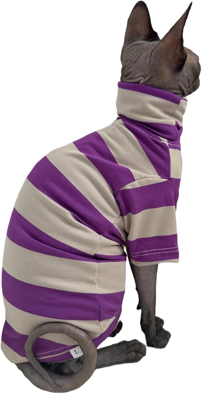 Vintage Stripes Sphynx Hairless Cats Shirt Cotton Cat Turtleneck Pet Clothes Kitten T-Shirts with Sleeves for Sphynx Cats (Wide Purple Grey Stripe, XX-Large)