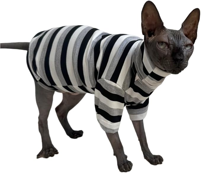 Vintage Stripes Sphynx Hairless Cats Shirt Cotton Cat Turtleneck Pet Clothes Kitten T-Shirts with Sleeves for Sphynx Cats (Black Grey White, XX-Large)