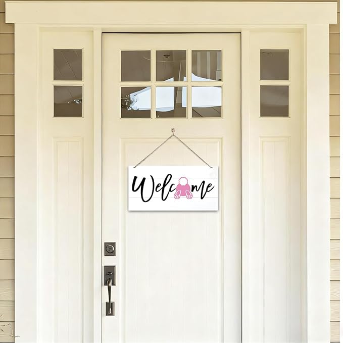 Welcome Sign for Front Door, Welcome Decor Wooden Hanging Sign for Wall Decor, Pink bunny' Pattern Wall Signs, Rustic Funny Wooden Outdoor Front Door Hanging Decoration 13.8X6.9 inches