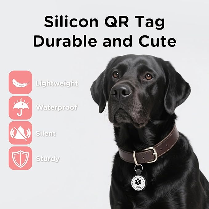 ESA Dog Tag, QR Code Dog Tag, Modifiable Free Pet Online Profile, Scannable QR Code, Scan QR Send Instant Location Alert Email, Silicone Lightweight ID Tag for Dog and Cat (Black, Small)