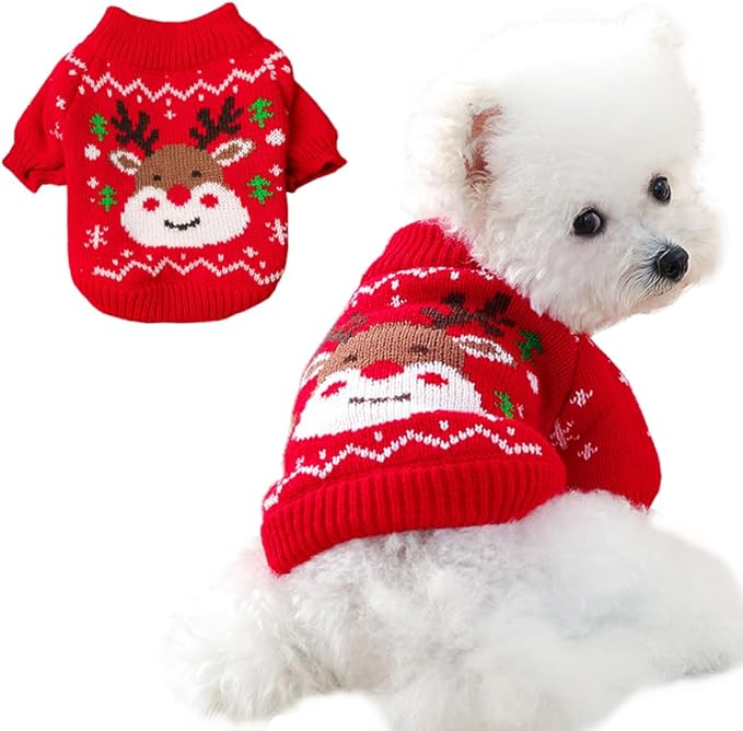 Christmas Dog Outfit Red Puppy Sweater for Small Dogs Girl Boy Elk Snowflake Cat Knitwear Reindeer Knitted Pet Clothes Santa Deer Costume for Chihuahua Yorkie Poodle (Red-2, Medium)
