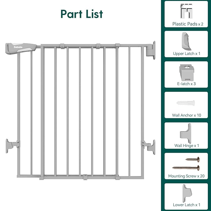 Babelio Baby Gate for Stairs & Doorways, 26-43" W 34" H Extra Tall| No Bottom Bar| Easy Installation| One-Handed Operation| Auto-Close| Hardware Mount (Drill Needed) Safety Dog/Pet Gate Indoor (Grey)