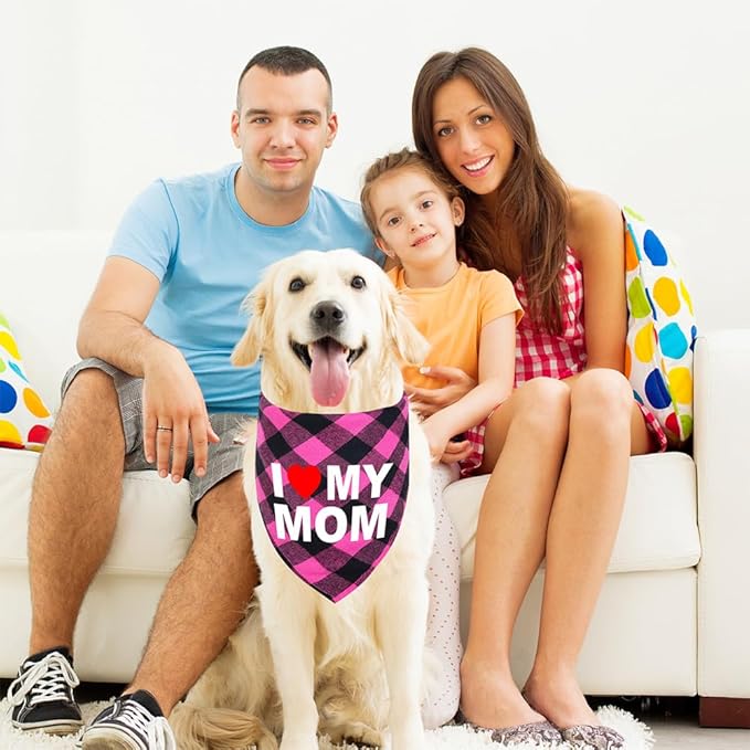 GreenJoy Cute Plaid Dog Bandana – Washable Pet Triangle Scarf for Small, Medium, Large Dogs and Cats, Adjustable Pet Accessory for Birthday, Wedding and Christmas (Pink (Mom), Large)