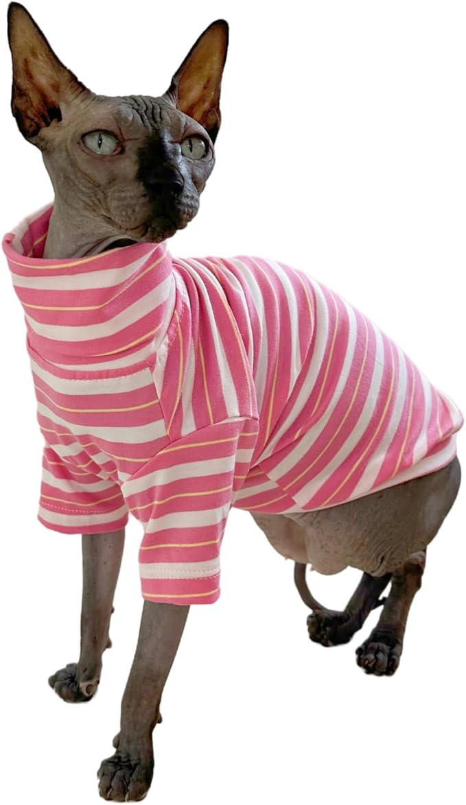 Vintage Stripes Sphynx Hairless Cats Shirt Cotton Cat Turtleneck Pet Clothes Kitten T-Shirts with Sleeves for Sphynx Cats (Sakura, Small)