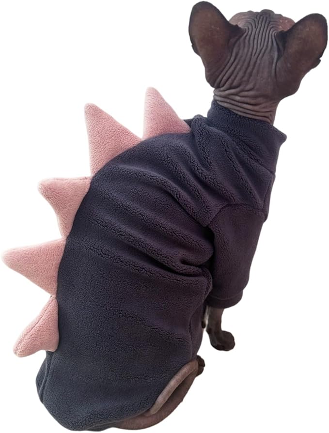 Dinosaur Sphynx Cat Clothes, Soft Polar Fleece Sweater for Cat, Elastic Pet Clothes Thick Winter Warm Outfit for Hairless Cat, Devon, Cornish, Small Dogs Apparel with Sleeves (Grey, XX-Large)