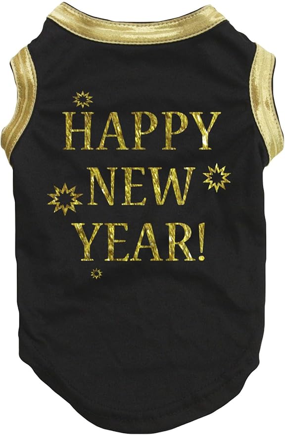 Petitebella Bling Happy New Year Puppy Dog Shirt (Black/Bright Gold, Small)