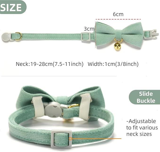 Soft Corduroy Cat Collar, Plaid Pattern, with Bell and Bowtie, Quick Release,Safety Breakaway Clasp, Adjustable for Kitten and Cats.(White+Green)
