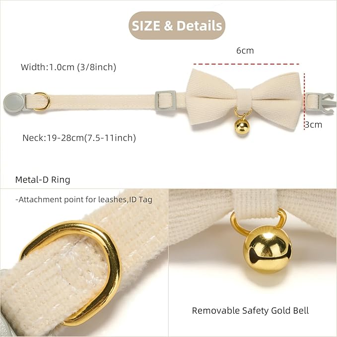 Soft Corduroy Cat Collar, Plaid Pattern, with Bell and Bowtie, Quick Release,Safety Breakaway Clasp, Adjustable for Kitten and Cats.(White+Green)