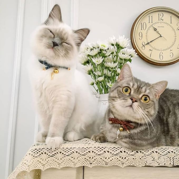 PetSoKoo Cute Bowtie Cat Collar with Bell. Japanese Stylish Bowknot & Fish Charm. Safety Breakaway, Soft, Lightweight, for Girl Boy Male Female Cats Kitten,Green