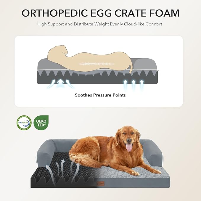 Orthopedic Dog Beds for Large Sized Dogs, Waterproof Egg Crate Foam Medium Dog Couch Beds for Crate 35x22Inch, Washable Pet Beds with Removable Cover and Nonskid Bottom, Grey