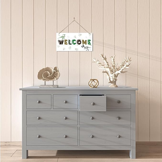 Welcome Sign for Front Door, Playroom Wall Decor, Dinosaur Theme Wall Hanging Decor, Gift for Dinosaur Lover, Funny Wooden Outdoor Front Door Hanging Decoration 13.8X6.9 inches