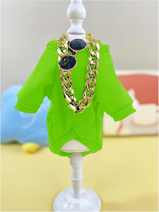 QWINEE 3Pcs Dog Hoodie Cat Apparel Dog Custume Set with Necklace and Sunglasses Pet Clothes for Puppy Small Medium Dogs Cats Green Large