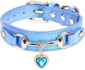 THAIN Fashion Dog Collar with Bling Diamonds & Heart Charm – 5 Holes Adjustable PU Leather Rhinestones Necklace Collar, Gold Buckle for Small Medium Dogs boy (Blue, S)