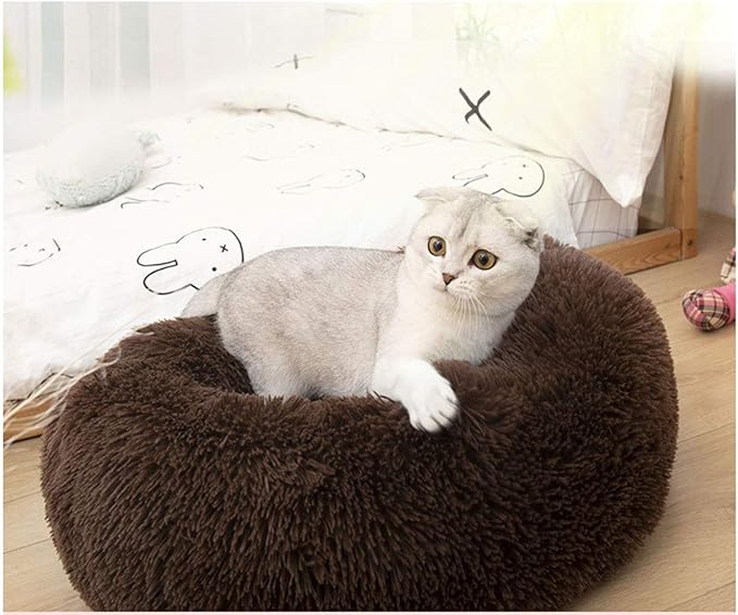 BODISEINT Modern Soft Plush Round Pet Bed for Cats or Small Dogs, Mini Medium Sized Dog Cat Bed Self Warming Autumn Winter Indoor Snooze Sleeping Cozy Kitty Teddy Kennel (20'' D x 8'' H, Chocolate)