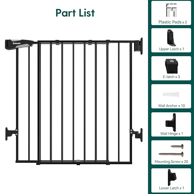 Babelio Baby Gate for Stairs, Kitchen & Doorways, No Bottom Bar| One-Handed Operation| Auto-Close| Hardware Mount (Drill Needed) Safety Dog/Pet Gate (Black - B17, 26-43" W, 28" H)