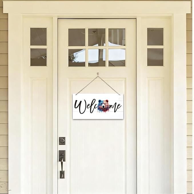 Welcome Sign for Front Door, Welcome Decor Wooden Hanging Sign for Wall Decor, American Bear Pattern Hanging Signs, Funny Wooden Outdoor Front Door Decoration 13.8X6.9 inches