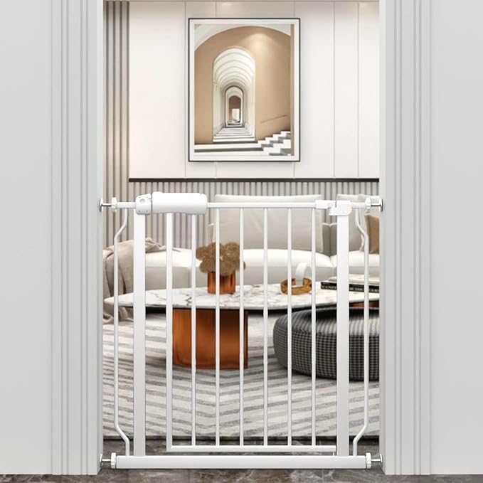WAOWAO Baby Gate 29.13-33.82" Extra Wide Pressure Mounted Walk Through Swing Auto Close Safety White Metal Toddler Kids Child Dog Pet Puppy for Stairs,Doorways,Kitchen