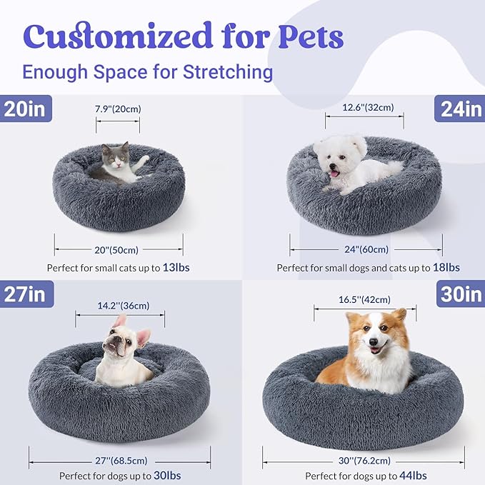 rabbitgoo Calming Dog Bed for Small Medium, 27 inches Pet Bed Machine Washable, Non-Slip Round Fluffy Plush Faux Fur, Soft Donut Cuddler Cushion for Small Dogs, Dark Grey