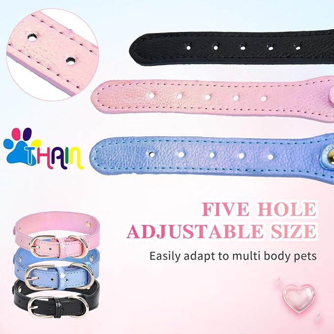 THAIN Fashion Dog Collar with Bling Diamonds & Heart Charm – 5 Holes Adjustable PU Leather Rhinestones Necklace Collar, Gold Buckle for Medium Dogs boy (Blue, M)