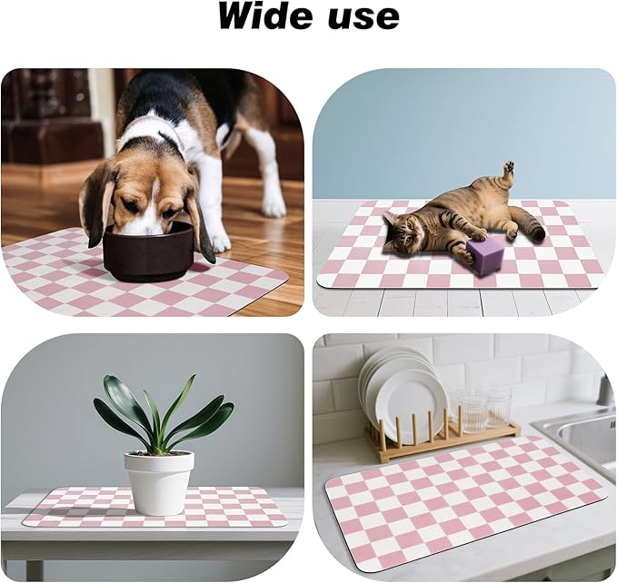 Checkered Dog Food Mat, Absorbent Leak-Proof Pet Feeding Mat, Quick Dry Cat Food Mat for Messy Drinkers 16" x 24" Pink