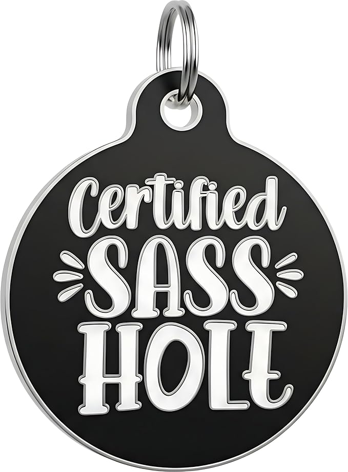 Bad Tags Personalized Dog and Cat ID Tags in 25+ Designs and 2 Sizes - 5 Lines of Custom Engraved Text - Funny Cute Personalized Pet Tags (Certified Sass Hole, Large (1.25 inch))