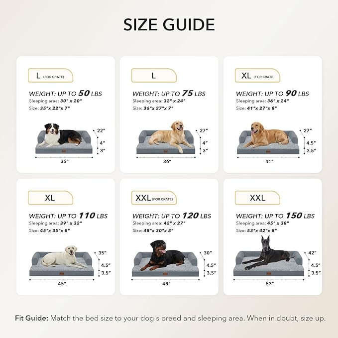 Orthopedic XXL Dog Beds, Waterproof Egg Crate Foam Big Pet Bed for All Breed Sized Dogs 53x42Inch, Washable Extra Large Dog Couch Bed with Removable Cover and Non-Slip Bottom, Grey