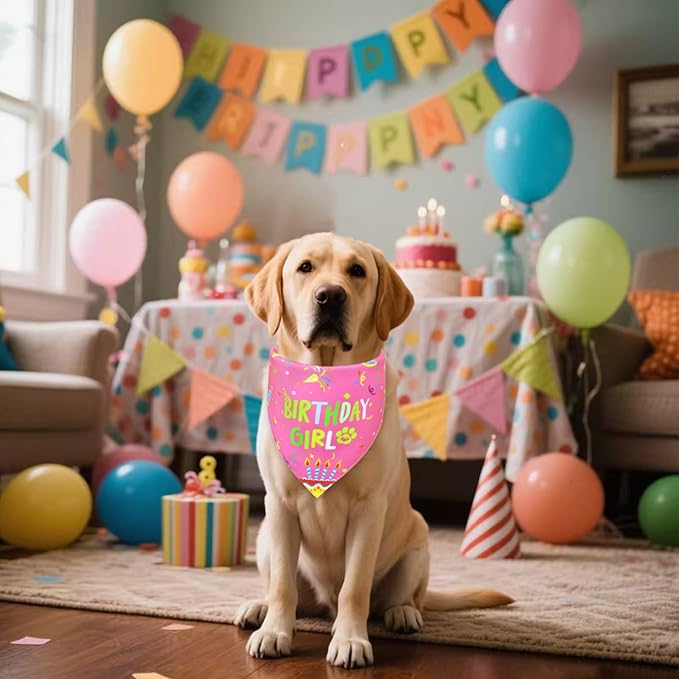 Dog Birthday Bandana Girl for Small Dogs, Reversible 2 Patterns in 1, Pink Confetti Scarf, Happy Birthday Party Outfit Puppy Gift (9-14" Neck)