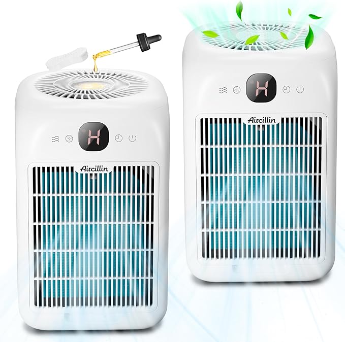 Air Purifiers for Home Bedroom Up to 908 Sq Ft Each One by 10W Brushless DC Motor, Dual Air Intakes, 3-in-1 HEPA Filter with Sleep Mode, Aromatherapy, for Smoke, Pet Dander, Pollutants Odor, 2 PACK