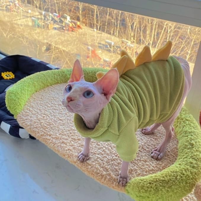 Dinosaur Sphynx Cat Clothes, Soft Polar Fleece Sweater for Cat, Elastic Pet Clothes Thick Winter Warm Outfit for Hairless Cat, Devon, Cornish, Small Dogs Apparel with Sleeves (Green, Small)