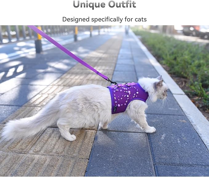 Cat Harness and Leash for Walking Escape Proof Breathable Mesh Fabric, Purple, Extra Large, Adjustable Cat Walking Jackets with DIY Beads, Padded Stylish Cat Vest